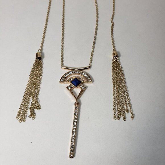 GUESS Gold Layered Fringed 34" Necklace - Blue Stone Sparkling Crystal Pendant - Picture 5 of 6